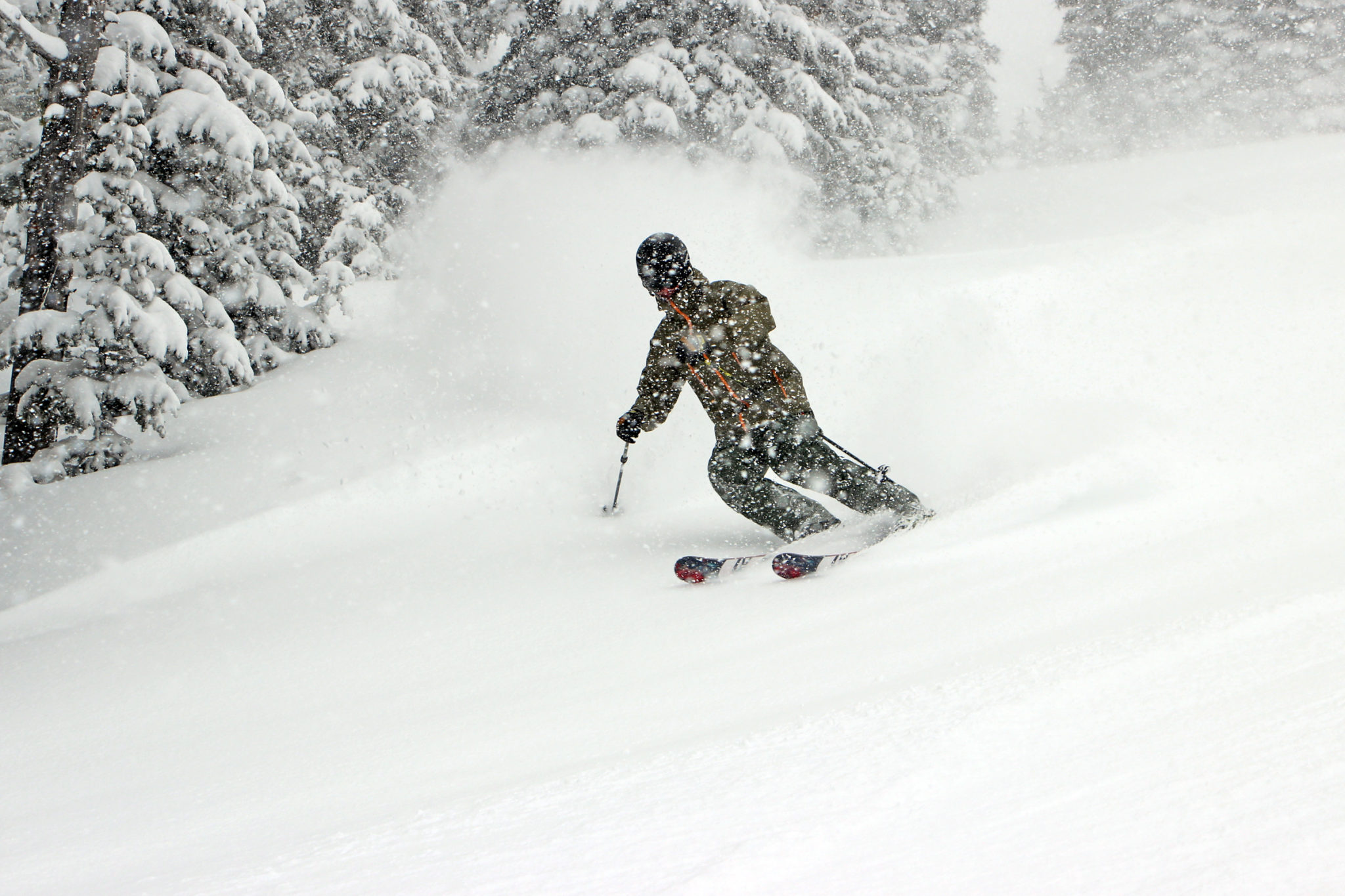 Tall man skis powder