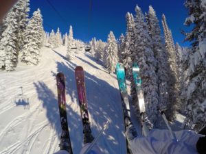 skis and shadow on chairlift