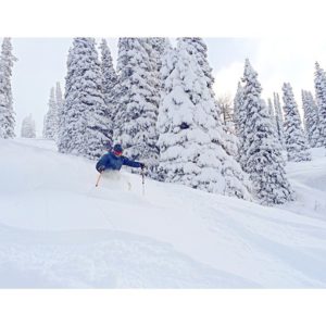 powder skier with snow ghosts in background
