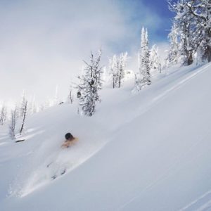 powder skier with blue sky in background