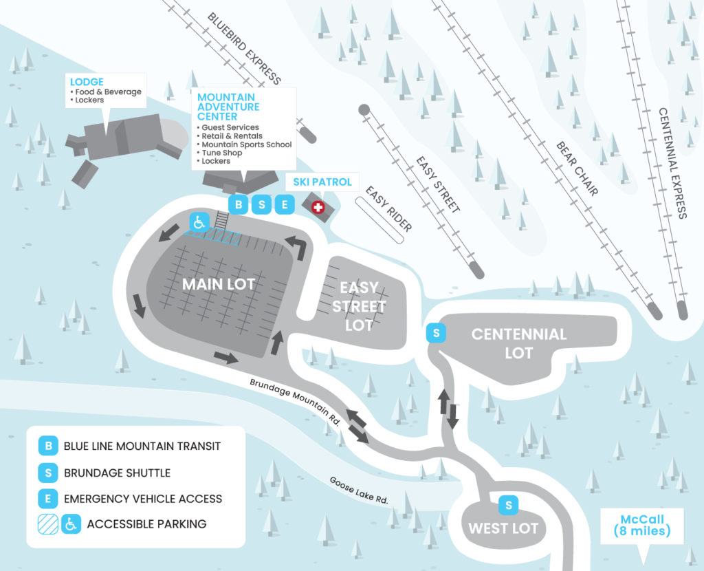 Winter Parking Map at Brundage. Shows the available lots to park in: Main Lot, Easy Street Lot, Centennial Lot, and West Lot